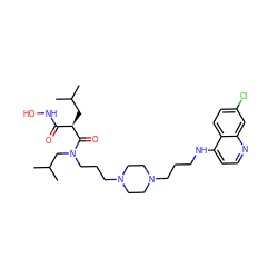 CC(C)C[C@H](C(=O)NO)C(=O)N(CCCN1CCN(CCCNc2ccnc3cc(Cl)ccc23)CC1)CC(C)C ZINC000022448107