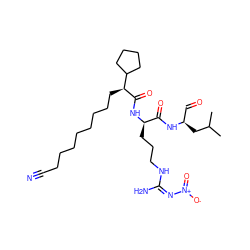 CC(C)C[C@H](C=O)NC(=O)[C@@H](CCCN/C(N)=N\[N+](=O)[O-])NC(=O)[C@@H](CCCCCCCCC#N)C1CCCC1 ZINC000026389142