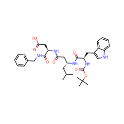 CC(C)C[C@H](CC(=O)N[C@H](CC(=O)O)C(=O)NCc1ccccc1)NC(=O)[C@@H](Cc1c[nH]c2ccccc12)NC(=O)OC(C)(C)C ZINC000027563269