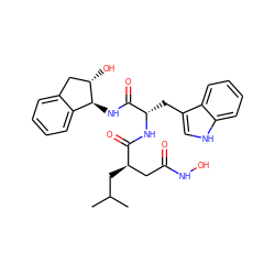 CC(C)C[C@H](CC(=O)NO)C(=O)N[C@@H](Cc1c[nH]c2ccccc12)C(=O)N[C@H]1c2ccccc2C[C@@H]1O ZINC000026295653