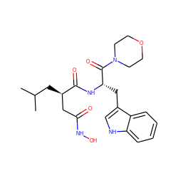 CC(C)C[C@H](CC(=O)NO)C(=O)N[C@@H](Cc1c[nH]c2ccccc12)C(=O)N1CCOCC1 ZINC000013776927