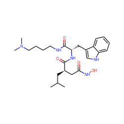 CC(C)C[C@H](CC(=O)NO)C(=O)N[C@@H](Cc1c[nH]c2ccccc12)C(=O)NCCCCN(C)C ZINC000027080028