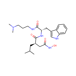 CC(C)C[C@H](CC(=O)NO)C(=O)N[C@@H](Cc1c[nH]c2ccccc12)C(=O)NCCCN(C)C ZINC000027086494