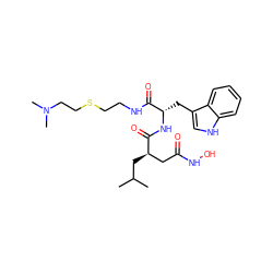 CC(C)C[C@H](CC(=O)NO)C(=O)N[C@@H](Cc1c[nH]c2ccccc12)C(=O)NCCSCCN(C)C ZINC000003800888