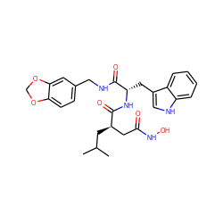 CC(C)C[C@H](CC(=O)NO)C(=O)N[C@@H](Cc1c[nH]c2ccccc12)C(=O)NCc1ccc2c(c1)OCO2 ZINC000013776899