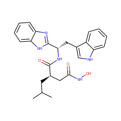 CC(C)C[C@H](CC(=O)NO)C(=O)N[C@@H](Cc1c[nH]c2ccccc12)c1nc2ccccc2[nH]1 ZINC000029342935