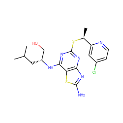 CC(C)C[C@H](CO)Nc1nc(S[C@@H](C)c2cc(Cl)ccn2)nc2nc(N)sc12 ZINC000095601770