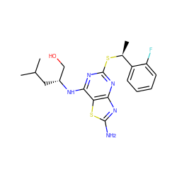 CC(C)C[C@H](CO)Nc1nc(S[C@@H](C)c2ccccc2F)nc2nc(N)sc12 ZINC000095604738