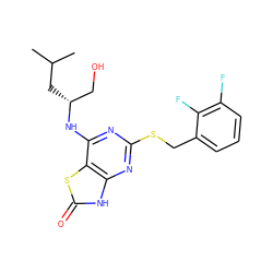 CC(C)C[C@H](CO)Nc1nc(SCc2cccc(F)c2F)nc2[nH]c(=O)sc12 ZINC000095602631