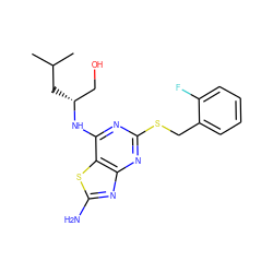 CC(C)C[C@H](CO)Nc1nc(SCc2ccccc2F)nc2nc(N)sc12 ZINC000038467280