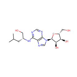 CC(C)C[C@H](CO)Nc1ncnc2c1ncn2[C@H]1O[C@H](CO)[C@@H](O)[C@H]1O ZINC000049014976