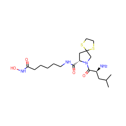 CC(C)C[C@H](N)C(=O)N1CC2(C[C@H]1C(=O)NCCCCCC(=O)NO)SCCS2 ZINC000072106565