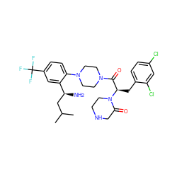 CC(C)C[C@H](N)c1cc(C(F)(F)F)ccc1N1CCN(C(=O)[C@@H](Cc2ccc(Cl)cc2Cl)N2CCNCC2=O)CC1 ZINC000028825762