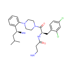 CC(C)C[C@H](N)c1ccccc1N1CCN(C(=O)[C@@H](Cc2ccc(Cl)cc2Cl)NC(=O)CCN)CC1 ZINC000040401641