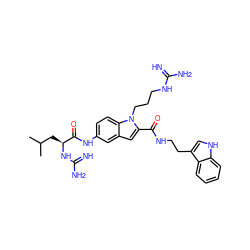 CC(C)C[C@H](NC(=N)N)C(=O)Nc1ccc2c(c1)cc(C(=O)NCCc1c[nH]c3ccccc13)n2CCCNC(=N)N ZINC000042804878