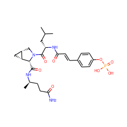CC(C)C[C@H](NC(=O)/C=C/c1ccc(OP(=O)(O)O)cc1)C(=O)N1C[C@H]2C[C@H]2[C@H]1C(=O)N[C@H](C)CCC(N)=O ZINC000049708291