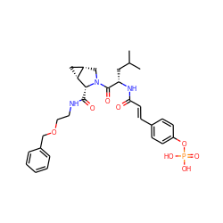 CC(C)C[C@H](NC(=O)/C=C/c1ccc(OP(=O)(O)O)cc1)C(=O)N1C[C@H]2C[C@H]2[C@H]1C(=O)NCCOCc1ccccc1 ZINC000049723071