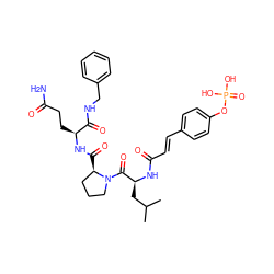CC(C)C[C@H](NC(=O)/C=C/c1ccc(OP(=O)(O)O)cc1)C(=O)N1CCC[C@H]1C(=O)N[C@@H](CCC(N)=O)C(=O)NCc1ccccc1 ZINC000028702444