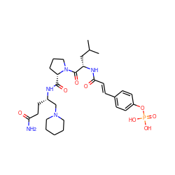 CC(C)C[C@H](NC(=O)/C=C/c1ccc(OP(=O)(O)O)cc1)C(=O)N1CCC[C@H]1C(=O)N[C@@H](CCC(N)=O)CN1CCCCC1 ZINC000049723277