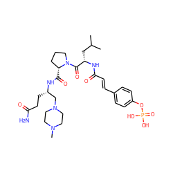 CC(C)C[C@H](NC(=O)/C=C/c1ccc(OP(=O)(O)O)cc1)C(=O)N1CCC[C@H]1C(=O)N[C@@H](CCC(N)=O)CN1CCN(C)CC1 ZINC000049695376
