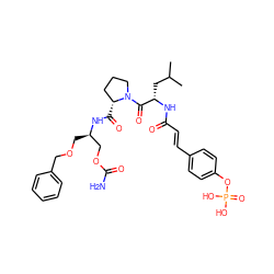 CC(C)C[C@H](NC(=O)/C=C/c1ccc(OP(=O)(O)O)cc1)C(=O)N1CCC[C@H]1C(=O)N[C@H](COCc1ccccc1)COC(N)=O ZINC000049695314