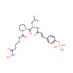 CC(C)C[C@H](NC(=O)/C=C/c1ccc(OP(=O)(O)O)cc1)C(=O)N1CCC[C@H]1C(=O)NCCCC(=O)NO ZINC000049695585