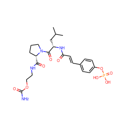 CC(C)C[C@H](NC(=O)/C=C/c1ccc(OP(=O)(O)O)cc1)C(=O)N1CCC[C@H]1C(=O)NCCOC(N)=O ZINC000049708284