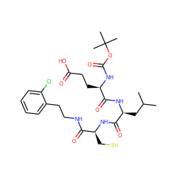 CC(C)C[C@H](NC(=O)[C@@H](CCC(=O)O)NC(=O)OC(C)(C)C)C(=O)N[C@@H](CS)C(=O)NCCc1ccccc1Cl ZINC000027093666