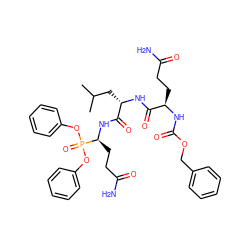 CC(C)C[C@H](NC(=O)[C@@H](CCC(N)=O)NC(=O)OCc1ccccc1)C(=O)N[C@@H](CCC(N)=O)P(=O)(Oc1ccccc1)Oc1ccccc1 ZINC000095556101