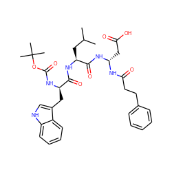 CC(C)C[C@H](NC(=O)[C@@H](Cc1c[nH]c2ccccc12)NC(=O)OC(C)(C)C)C(=O)N[C@H](CC(=O)O)NC(=O)CCc1ccccc1 ZINC000003914549