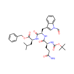 CC(C)C[C@H](NC(=O)[C@@H](Cc1cn(C=O)c2ccccc12)NC(=O)[C@H](CCC(N)=O)NC(=O)OC(C)(C)C)C(=O)OCc1ccccc1 ZINC000026157984