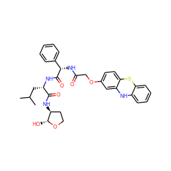 CC(C)C[C@H](NC(=O)[C@@H](NC(=O)COc1ccc2c(c1)Nc1ccccc1S2)c1ccccc1)C(=O)N[C@H]1CCO[C@@H]1O ZINC000028572424