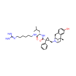 CC(C)C[C@H](NC(=O)[C@]1(c2ccccc2)C[C@H]1CN1CC[C@@]2(C)c3cc(O)ccc3C[C@H]1[C@H]2C)C(=O)NCCCCCCN=C(N)N ZINC000100861406