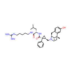CC(C)C[C@H](NC(=O)[C@]1(c2ccccc2)C[C@H]1CN1CC[C@@]2(C)c3cc(O)ccc3C[C@H]1[C@H]2C)C(=O)NCCCCCN=C(N)N ZINC000100859516