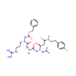 CC(C)C[C@H](NC(=O)[C@H](C)NC(=O)[C@H](CCCNC(=N)N)NC(=O)OCc1ccccc1)[C@@H](O)CC(=O)N(C)CCc1ccc(Cl)cc1 ZINC000299831228