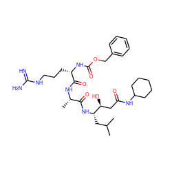 CC(C)C[C@H](NC(=O)[C@H](C)NC(=O)[C@H](CCCNC(=N)N)NC(=O)OCc1ccccc1)[C@@H](O)CC(=O)NC1CCCCC1 ZINC000299835749