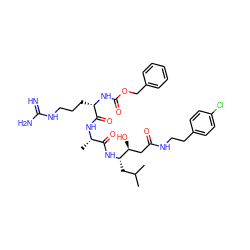 CC(C)C[C@H](NC(=O)[C@H](C)NC(=O)[C@H](CCCNC(=N)N)NC(=O)OCc1ccccc1)[C@@H](O)CC(=O)NCCc1ccc(Cl)cc1 ZINC000299832416