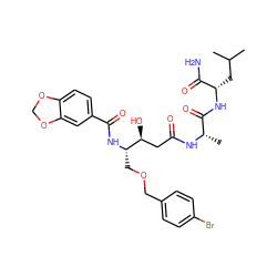 CC(C)C[C@H](NC(=O)[C@H](C)NC(=O)C[C@H](O)[C@H](COCc1ccc(Br)cc1)NC(=O)c1ccc2c(c1)OCO2)C(N)=O ZINC000027077427