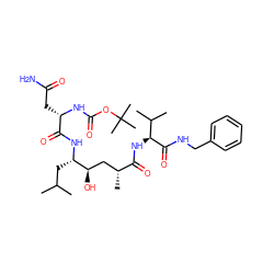 CC(C)C[C@H](NC(=O)[C@H](CC(N)=O)NC(=O)OC(C)(C)C)[C@H](O)C[C@@H](C)C(=O)N[C@H](C(=O)NCc1ccccc1)C(C)C ZINC000026176176