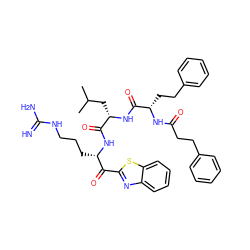 CC(C)C[C@H](NC(=O)[C@H](CCc1ccccc1)NC(=O)CCc1ccccc1)C(=O)N[C@@H](CCCNC(=N)N)C(=O)c1nc2ccccc2s1 ZINC001772583317