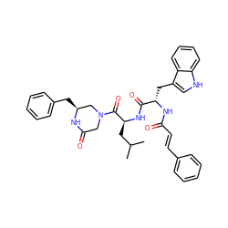 CC(C)C[C@H](NC(=O)[C@H](Cc1c[nH]c2ccccc12)NC(=O)/C=C/c1ccccc1)C(=O)N1CC(=O)N[C@@H](Cc2ccccc2)C1 ZINC000027994676