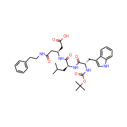 CC(C)C[C@H](NC(=O)[C@H](Cc1c[nH]c2ccccc12)NC(=O)OC(C)(C)C)C(=O)N[C@H](CC(=O)O)CC(=O)NCCc1ccccc1 ZINC000169319226