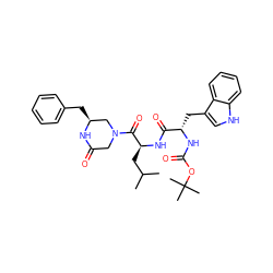 CC(C)C[C@H](NC(=O)[C@H](Cc1c[nH]c2ccccc12)NC(=O)OC(C)(C)C)C(=O)N1CC(=O)N[C@@H](Cc2ccccc2)C1 ZINC000028001966
