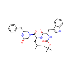 CC(C)C[C@H](NC(=O)[C@H](Cc1c[nH]c2ccccc12)NC(=O)OC(C)(C)C)C(=O)N1CC(=O)N[C@H](Cc2ccccc2)C1 ZINC000027999974