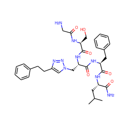 CC(C)C[C@H](NC(=O)[C@H](Cc1ccccc1)NC(=O)[C@H](Cn1cc(CCc2ccccc2)nn1)NC(=O)[C@H](CO)NC(=O)CN)C(N)=O ZINC000215859234