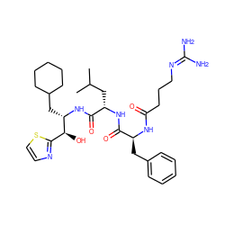 CC(C)C[C@H](NC(=O)[C@H](Cc1ccccc1)NC(=O)CCCN=C(N)N)C(=O)N[C@@H](CC1CCCCC1)[C@@H](O)c1nccs1 ZINC000026258018