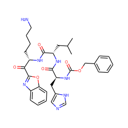 CC(C)C[C@H](NC(=O)[C@H](Cc1cnc[nH]1)NC(=O)OCc1ccccc1)C(=O)N[C@@H](CCCCN)C(=O)c1nc2ccccc2o1 ZINC000042834875