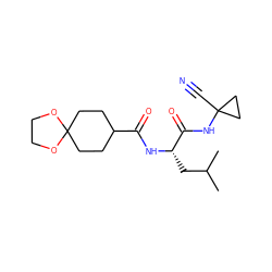 CC(C)C[C@H](NC(=O)C1CCC2(CC1)OCCO2)C(=O)NC1(C#N)CC1 ZINC000113629979