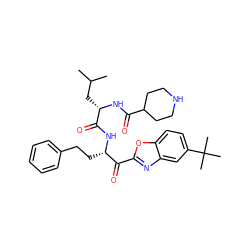 CC(C)C[C@H](NC(=O)C1CCNCC1)C(=O)N[C@@H](CCc1ccccc1)C(=O)c1nc2cc(C(C)(C)C)ccc2o1 ZINC000029124959