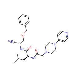 CC(C)C[C@H](NC(=O)CN1CCN(c2ccncc2)CC1)C(=O)N[C@H](C#N)COCc1ccccc1 ZINC000014972176